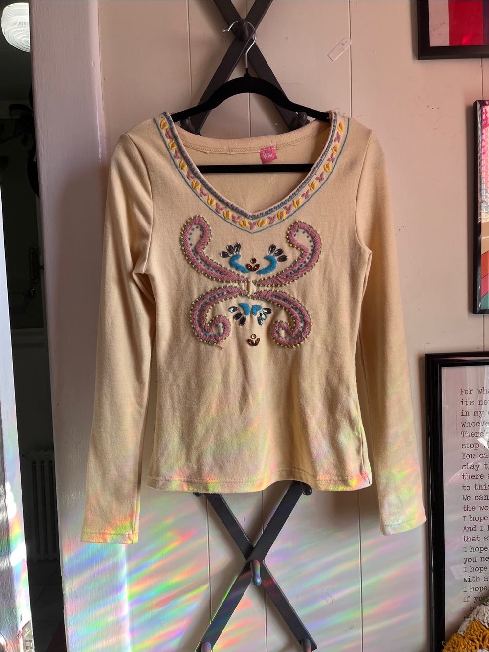 Y2K Vintage Wish Cream Long Sleeve Tee with Pink & Blue Embroidery